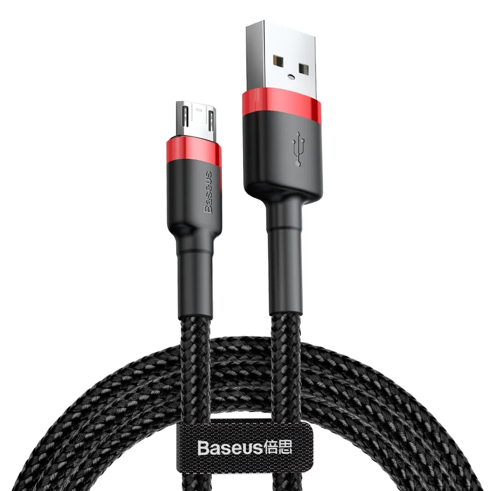 Tartós, rugalmas USB–microUSB kábel, 1,5 A, 2 m, fekete és piros