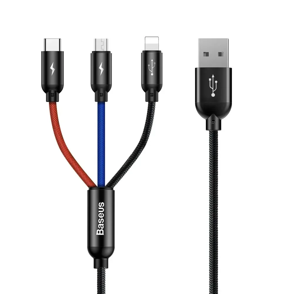 Izdržljiv 3-u-1 USB MicroUSB iPhone Lightning USB-C kabel, 3,5 A, 1,2 m, crni