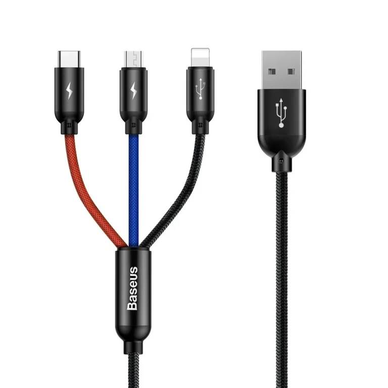 Tartós 3 az 1-ben USB MicroUSB iPhone Lightning USB-C kábel, 3,5 A, 1,2 m, fekete