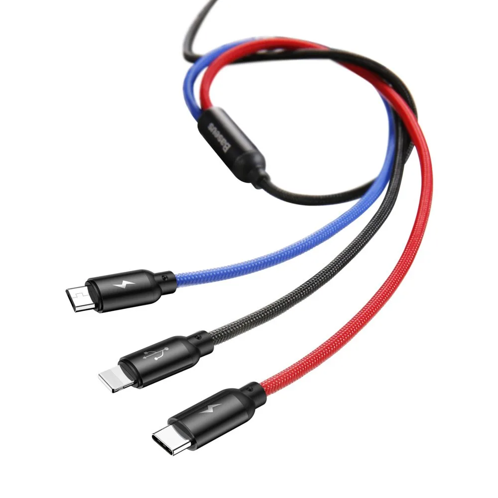 Izdržljiv 3-u-1 USB MicroUSB iPhone Lightning USB-C kabel, 3,5 A, 1,2 m, crni 5