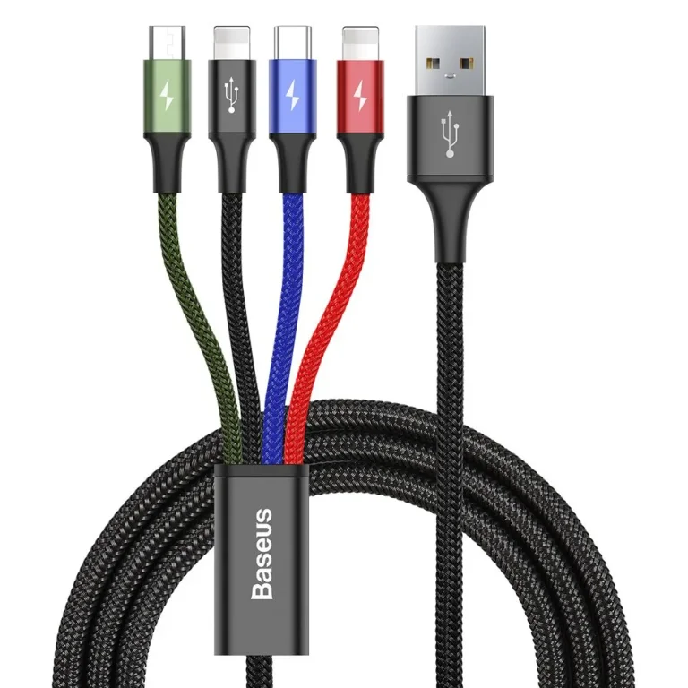 4 az 1-ben USB-kábel 2 x iPhone Lightning – USB-C – microUSB, nylon fonott, 3,5 A, 1,2 m, fekete