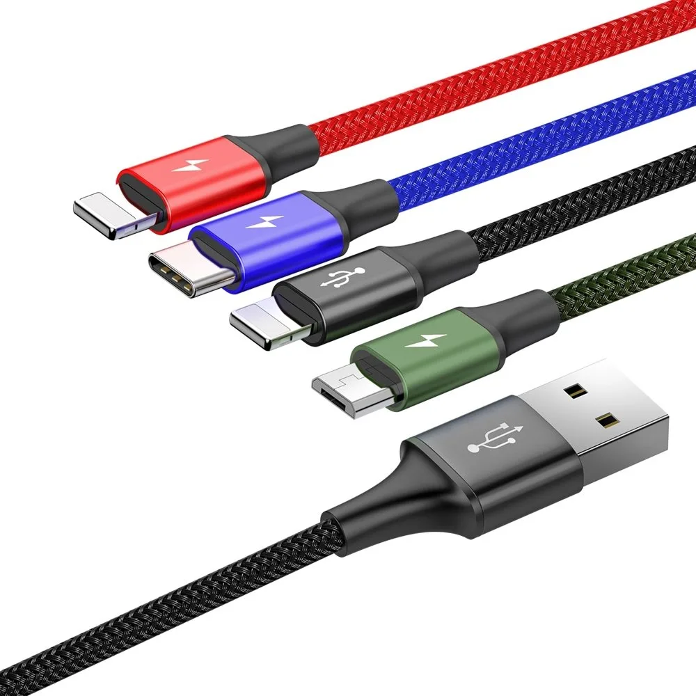Kabel przewód USB 4w1 2 x Iphone Lightning USB-C microUSB w nylonowym oplocie 3.5A 1.2m czarny 4
