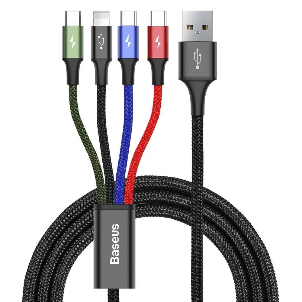 4 az 1-ben USB-kábel iPhone Lightning – 2 x USB-C és microUSB, nylon fonott, 3,5 A, 1,2 m, fekete