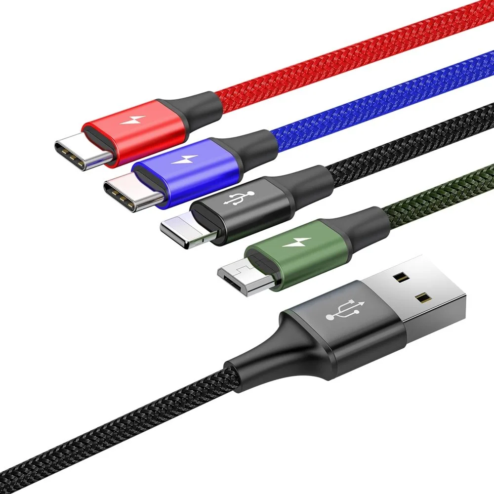 Cablu USB 4-în-1 pentru iPhone Lightning la 2 x USB-C și microUSB, împletit cu nailon, 3,5 A, 1,2 m, negru 4