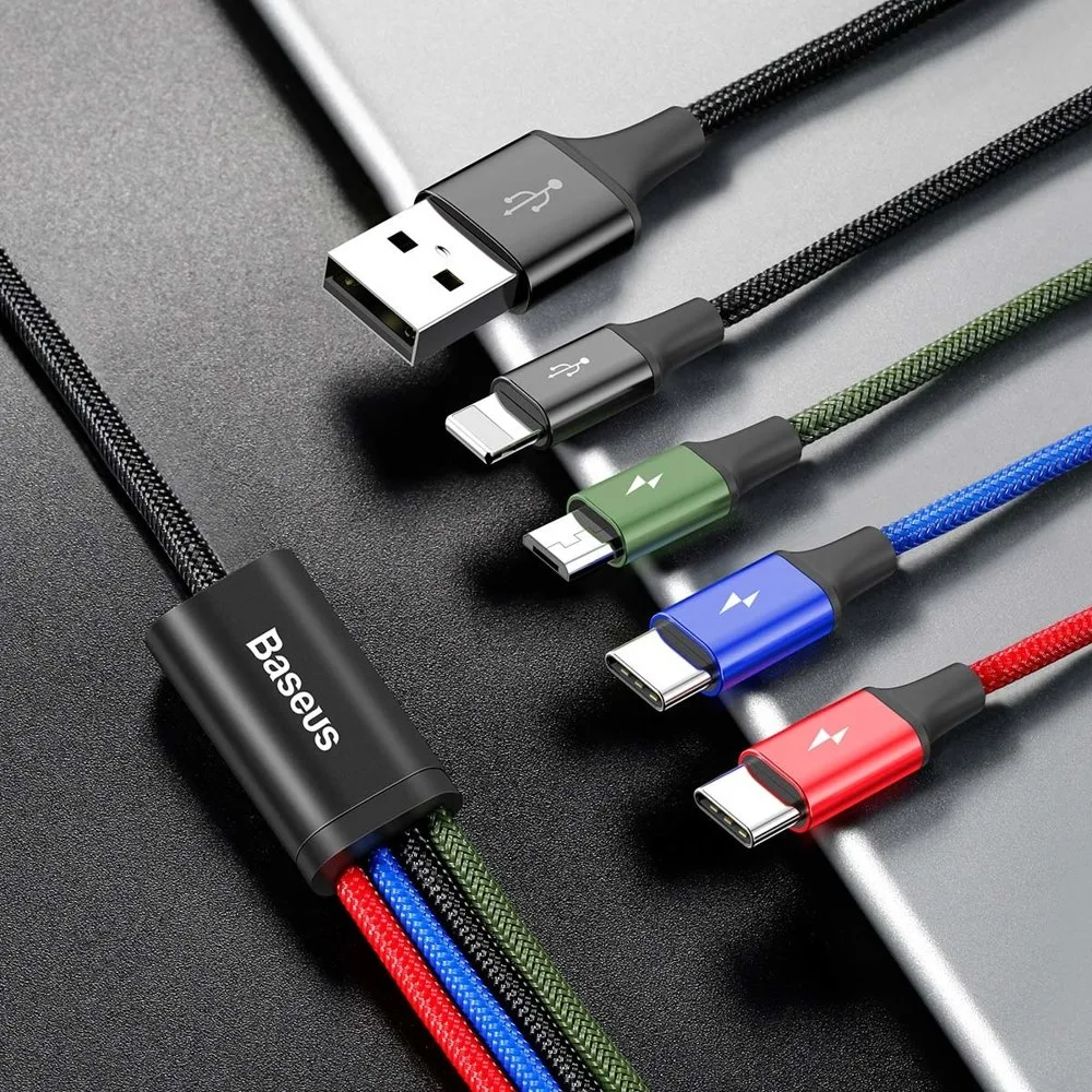 Cablu USB 4-în-1 pentru iPhone Lightning la 2 x USB-C și microUSB, împletit cu nailon, 3,5 A, 1,2 m, negru 8