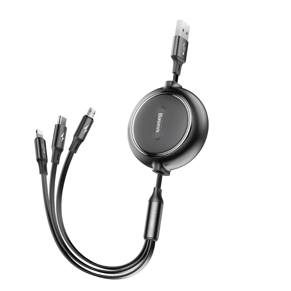 Retractable 3-in-1 USB MicroUSB iPhone Lightning USB-C Cable 3.5A 35cm 120cm Black Retractable 3-in-1 USB MicroUSB iPhone Lightning USB-C Cable 3.5A 35cm 120cm Black