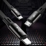 Retractable 3-in-1 USB MicroUSB iPhone Lightning USB-C Cable 3.5A 35cm 120cm Black 10