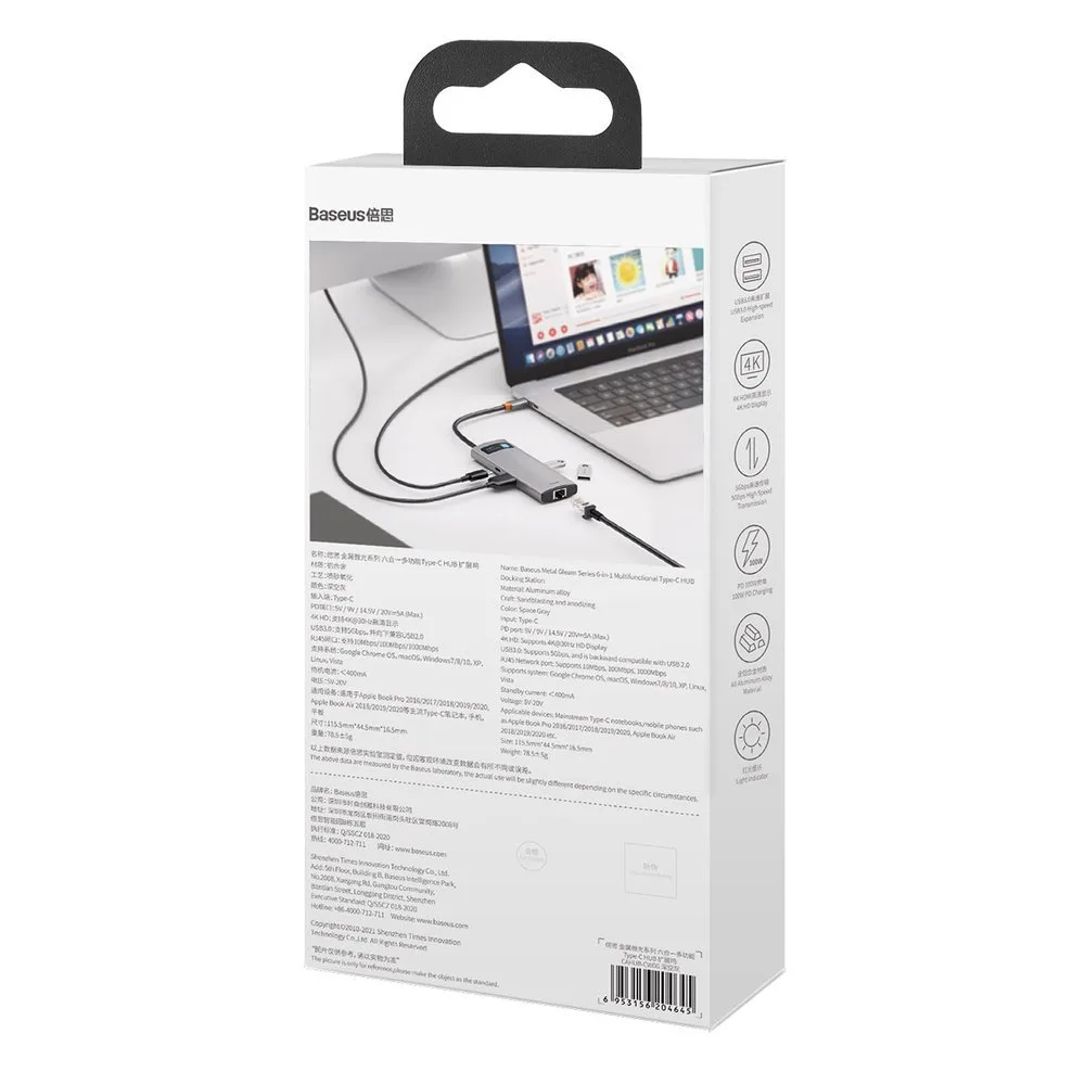 Multifunkčný rozbočovač USB-C PD HDMI 6 v 1 s 3x portmi USB 3.2 a RJ45 – sivý 6