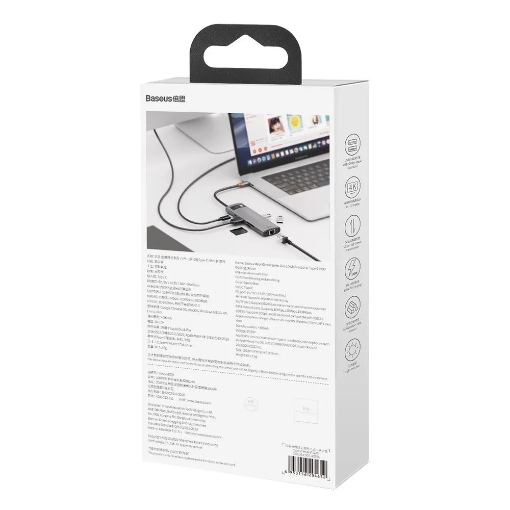 8-in-1-Multifunktions-Hub: USB, USB-C PD 100 W, HDMI, SD- und microSD-Kartenleser, 3x USB 3.2, RJ45, Grau 6