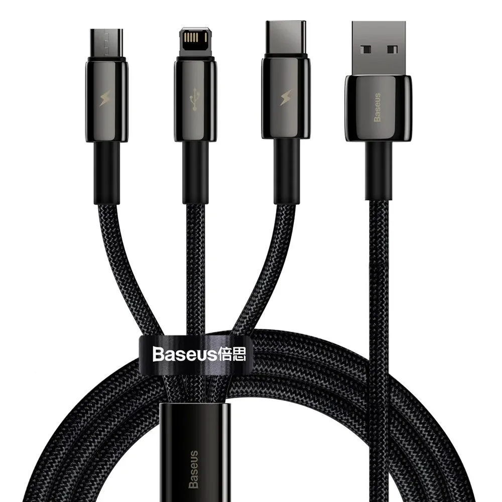 3 az 1-ben USB-C – iPhone Lightning – microUSB kábel, 3,5 A, 1,5 m, fekete