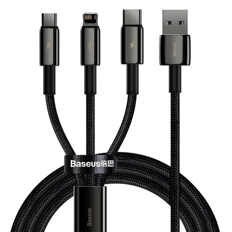 3 az 1-ben USB-C – iPhone Lightning – microUSB kábel, 3,5 A, 1,5 m, fekete