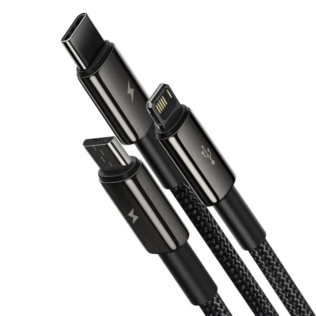 3 az 1-ben USB-C – iPhone Lightning – microUSB kábel, 3,5 A, 1,5 m, fekete