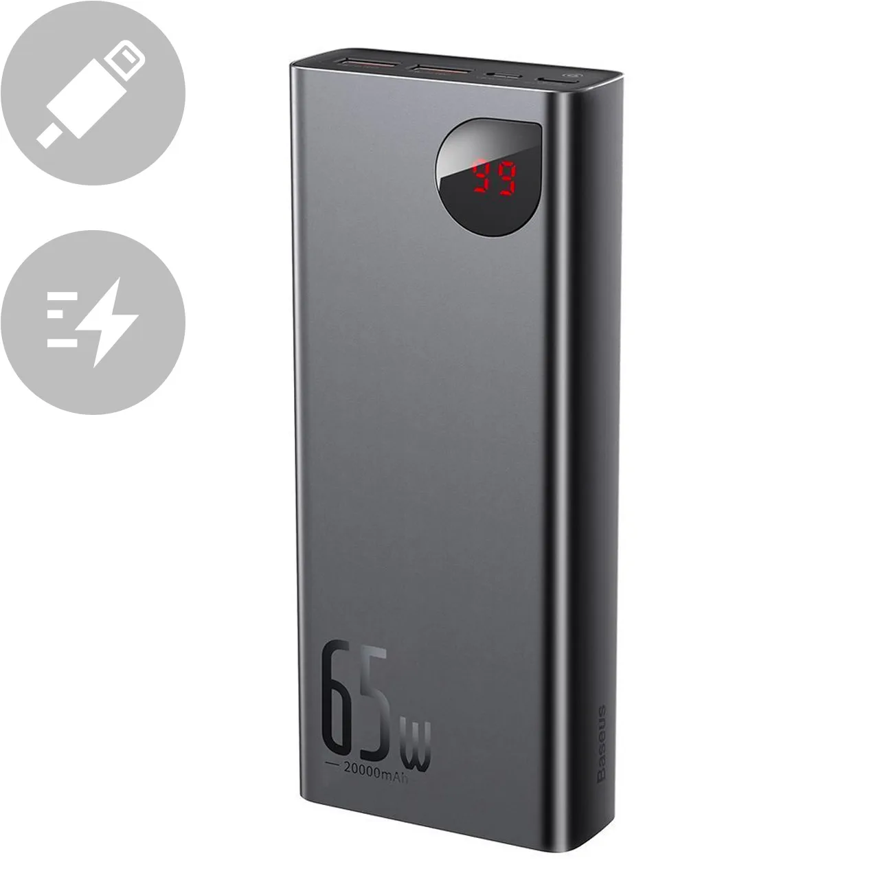 Adaman Power Bank 2x USB, 1x USB-C, 1x microUSB, 20000 mAh, 65 W-os gyorstöltés, fekete