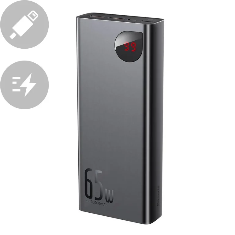 Adaman Power Bank 2x USB, 1x USB-C, 1x microUSB, 20000 mAh, 65 W-os gyorstöltés, fekete