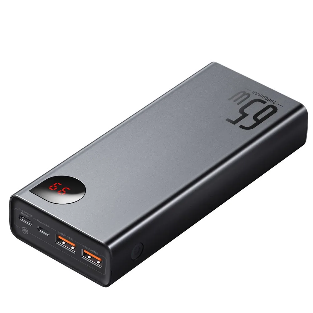 Adaman Power Bank 2x USB, 1x USB-C, 1x microUSB, 20000 mAh, 65 W-os gyorstöltés, fekete