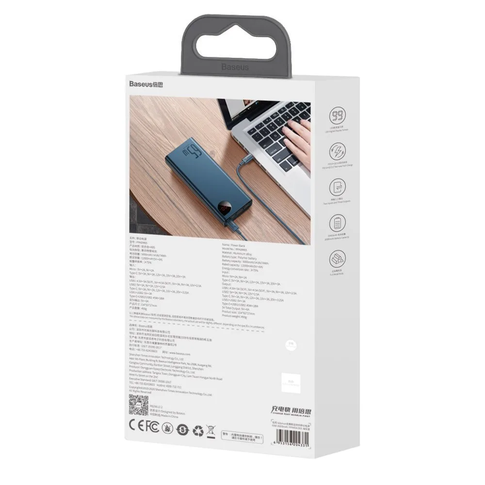 Adaman Power Bank 2x USB, 1x USB-C, 1x microUSB, 20000 mAh, 65 W-os gyorstöltés, fekete 7