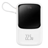 Baterie externă Qpow de 10000 mAh cu cablu USB Type-C încorporat, încărcare rapidă de 22,5 W, alb