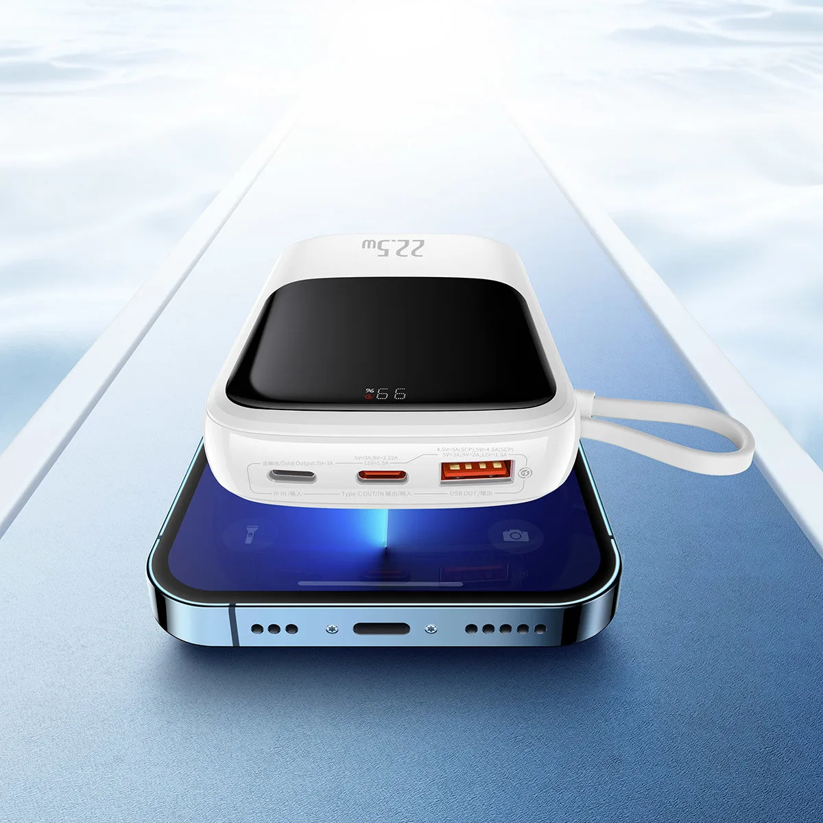 Baterie externă Qpow de 10000 mAh cu cablu USB Type-C încorporat, încărcare rapidă de 22,5 W, alb 11