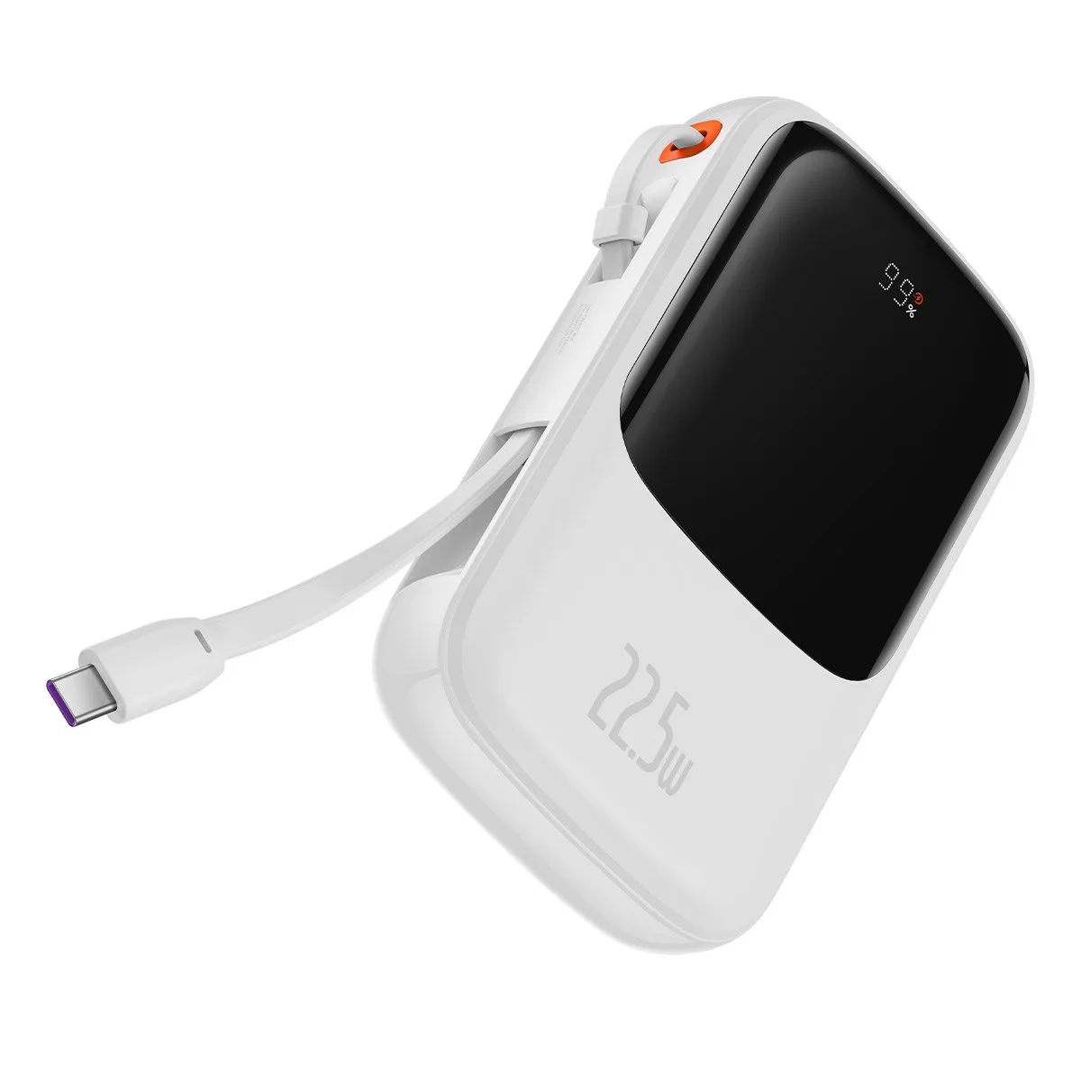 Qpow 10000 mAh-s powerbank beépített USB Type-C kábellel, 22,5 W-os gyorstöltés, fehér
