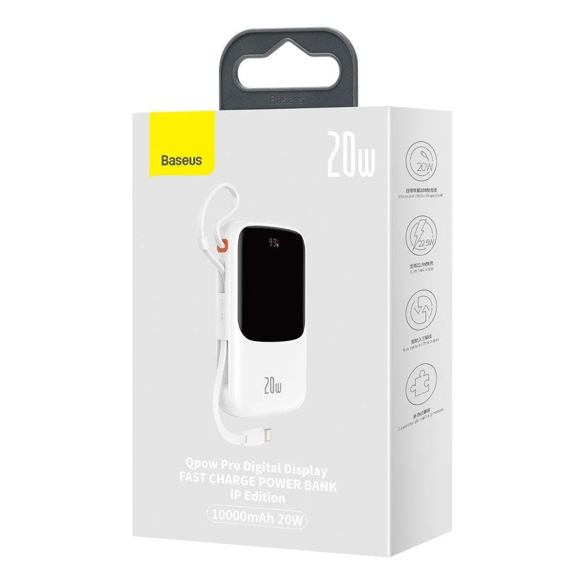 10000 mAh-s, 20 W-os QC-PD-SCP-FCP gyorstöltő power bank iPhone Lightning kábellel, fehér 5