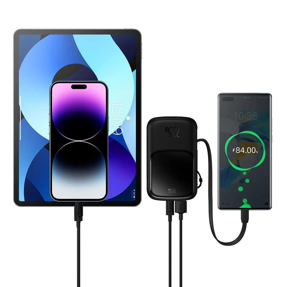 10000 mAh-s, 22,5 W-os QC-PD-SCP-FCP gyorstöltő power bank USB-C kábellel, fekete 11