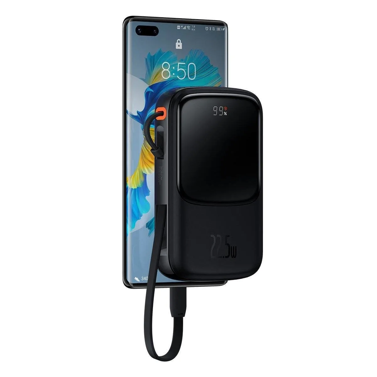 10000 mAh-s, 22,5 W-os QC-PD-SCP-FCP gyorstöltő power bank USB-C kábellel, fekete 6