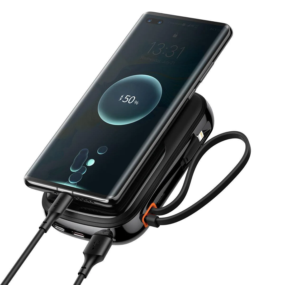 20000 mAh-s, 20 W-os QC-PD-SCP-FCP gyorstöltő power bank iPhone Lightning kábellel, fekete