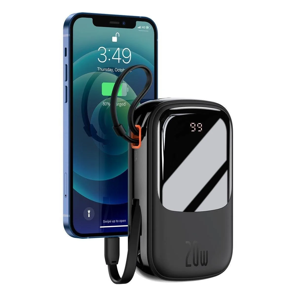 Baterie externă de 20000 mAh cu încărcare rapidă QC-PD-SCP-FCP de 20 W, cu cablu Lightning pentru iPhone, negru 3