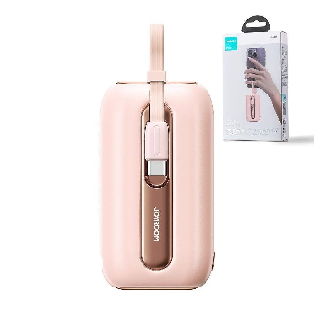 10000 mAh Colorful sorozatú 22,5 W-os powerbank USB-C és iPhone Lightning kábelekkel, rózsaszín