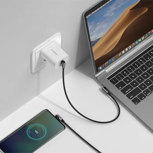 Kabel przewód kątowy z bocznym wtykiem USB-C na USB-C Quick Charge 1m - szary 3