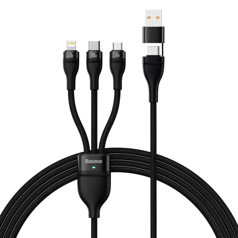 4 az 1-ben USB+USB-C – USB-C / iPhone Lightning / micro USB kábel, 1,2 m – fekete