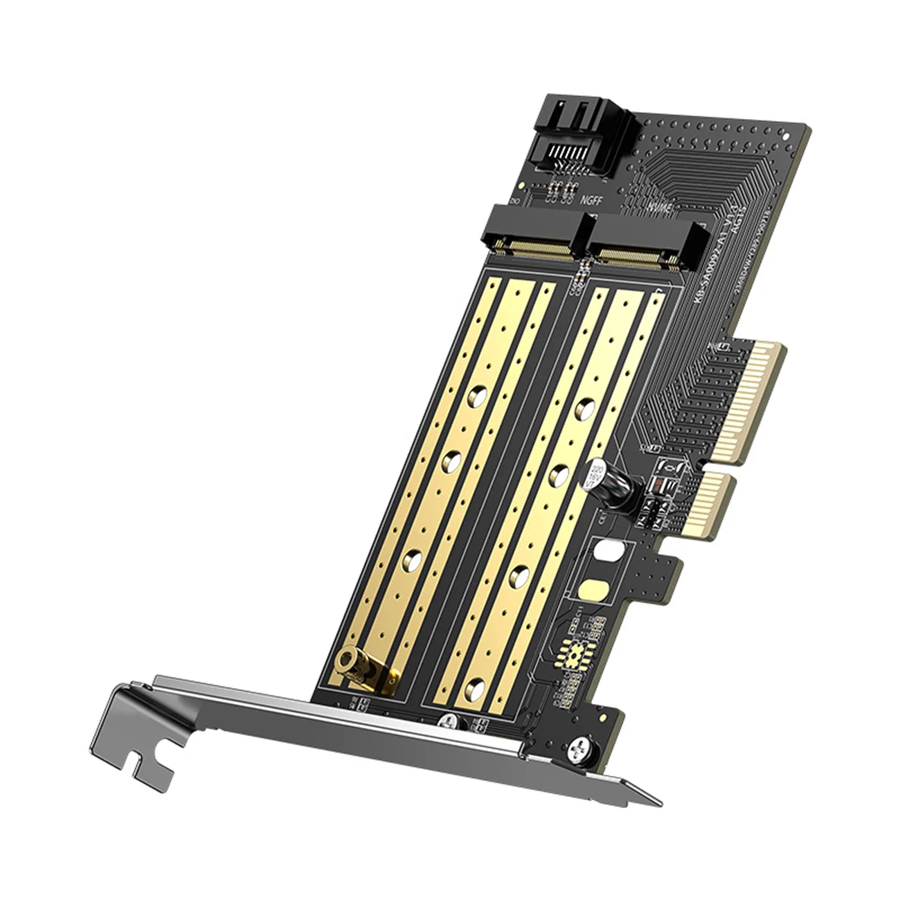 PCIe 3.0 x4 bővítőkártya két további M.2 M-Key és M.2 B-Key SSD-slot-tal