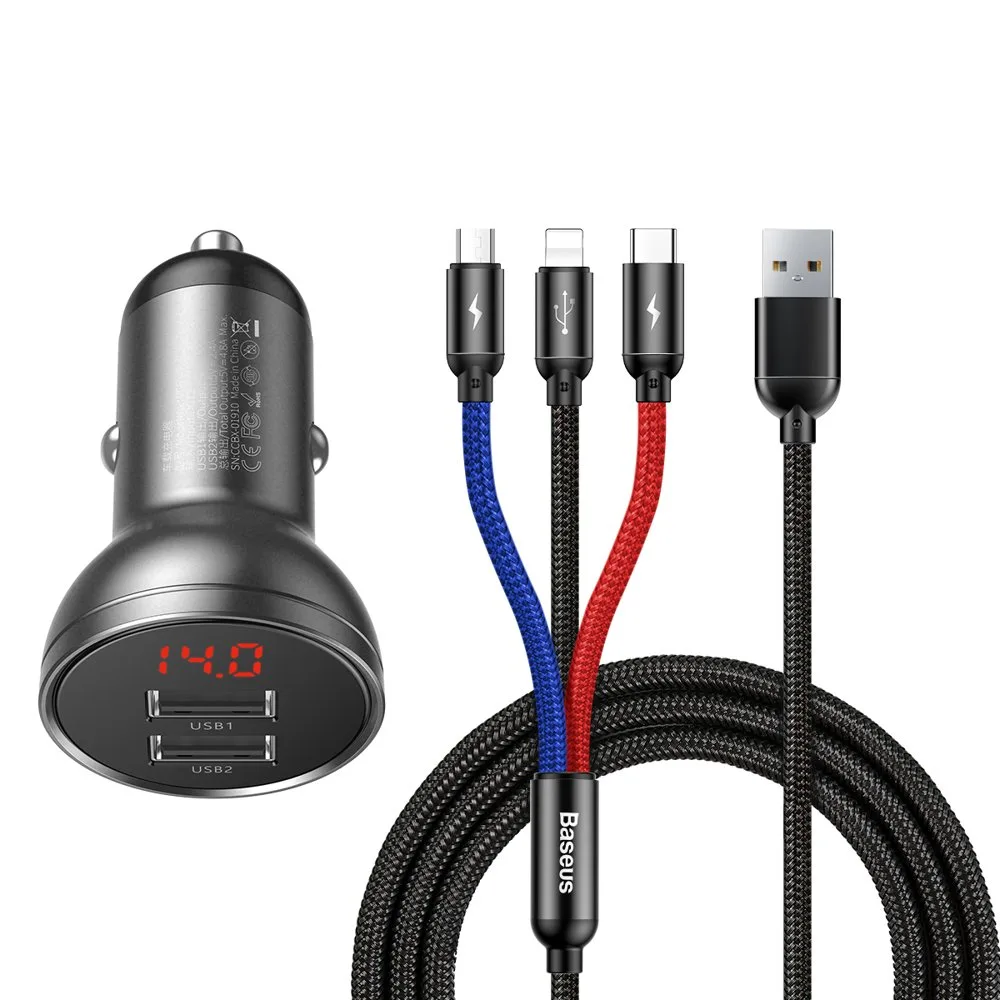 2x USB 4,8 A 24 W-os autós töltő LCD kijelzővel + 3 az 1-ben kábel 1,2 m, fekete