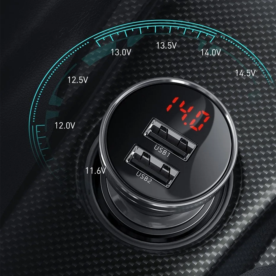 2x USB 4.8A 24W car charger with LCD display + 3-in-1 cable 1.2m black 10