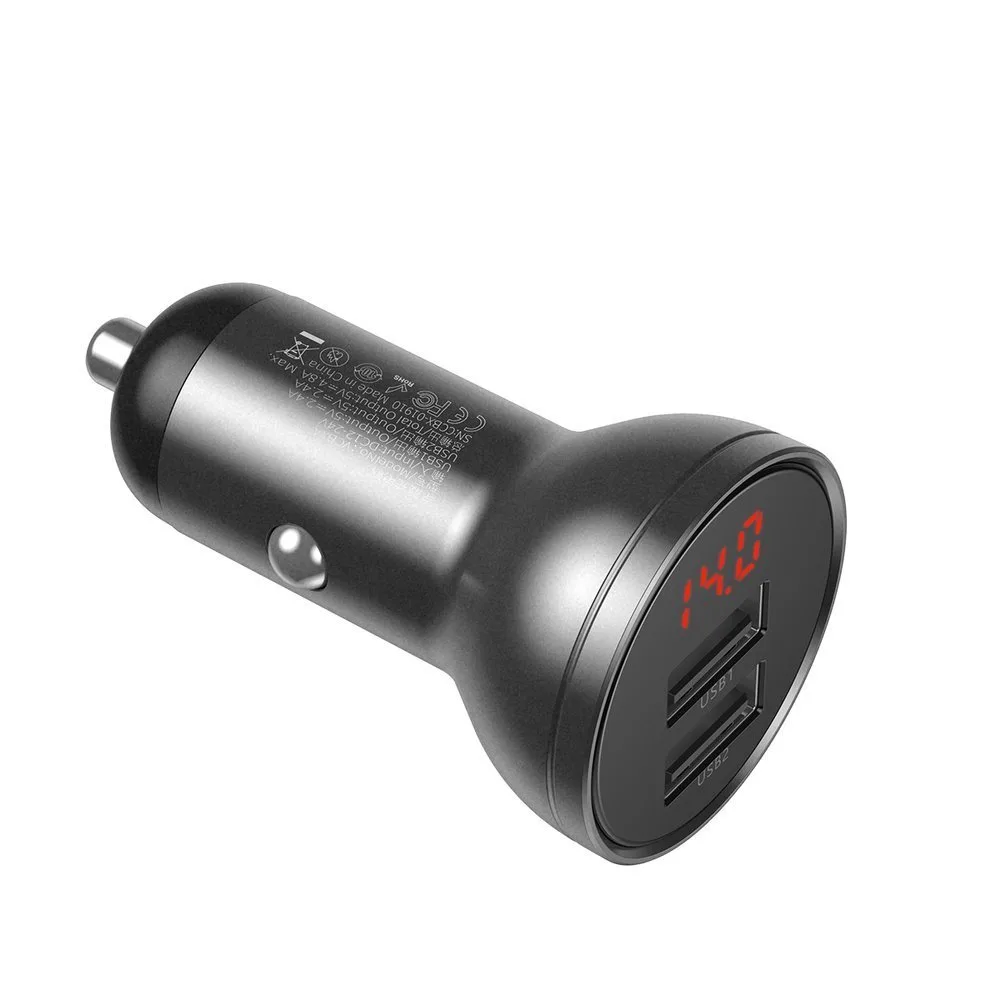 2x USB 4.8A 24W car charger with LCD display + 3-in-1 cable 1.2m black 2