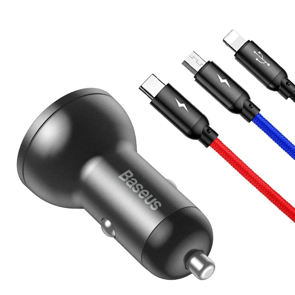 2x USB 4.8A 24W car charger with LCD display + 3-in-1 cable 1.2m black 3
