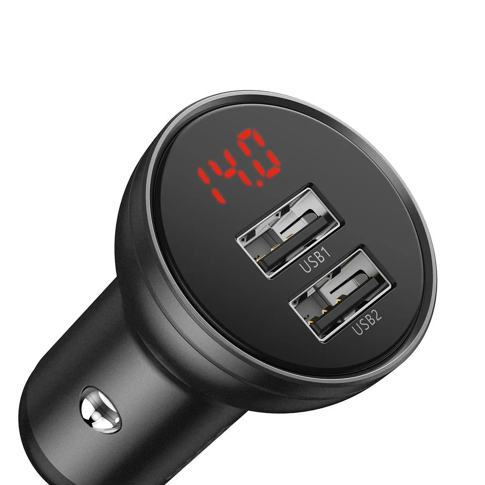 2x USB 4.8A 24W car charger with LCD display + 3-in-1 cable 1.2m black 5