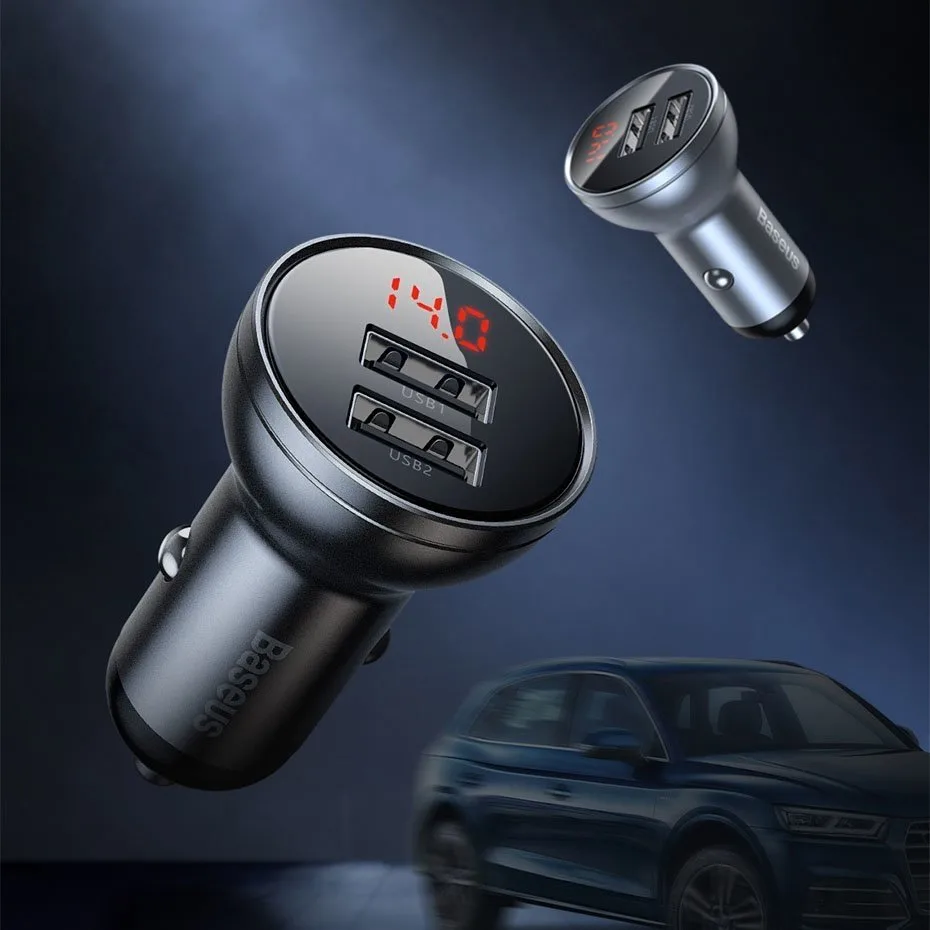 2x USB 4.8A 24W car charger with LCD display + 3-in-1 cable 1.2m black 7