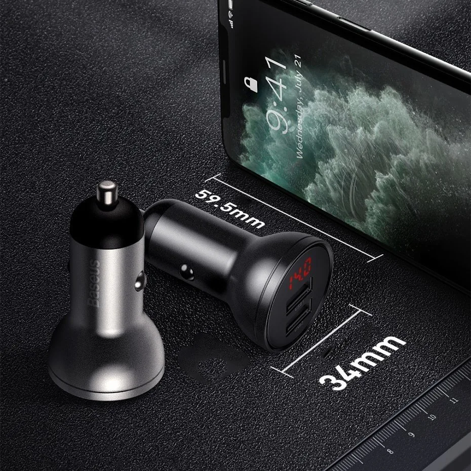 2x USB 4.8A 24W car charger with LCD display + 3-in-1 cable 1.2m black 8