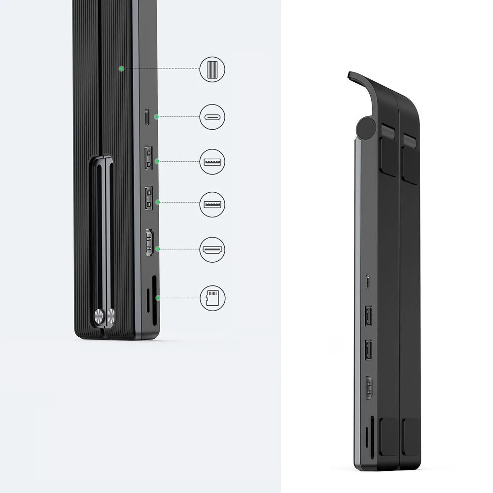 X-Kit összecsukható laptopállvány + USB-C hub, USB, HDMI, SD-kártyaolvasó, microSD, fekete