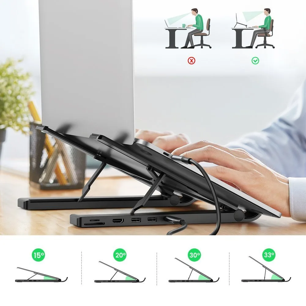 X-Kit sklopivi stalak za laptop + USB-C hub, USB, HDMI, čitač SD kartica, microSD, crna 6