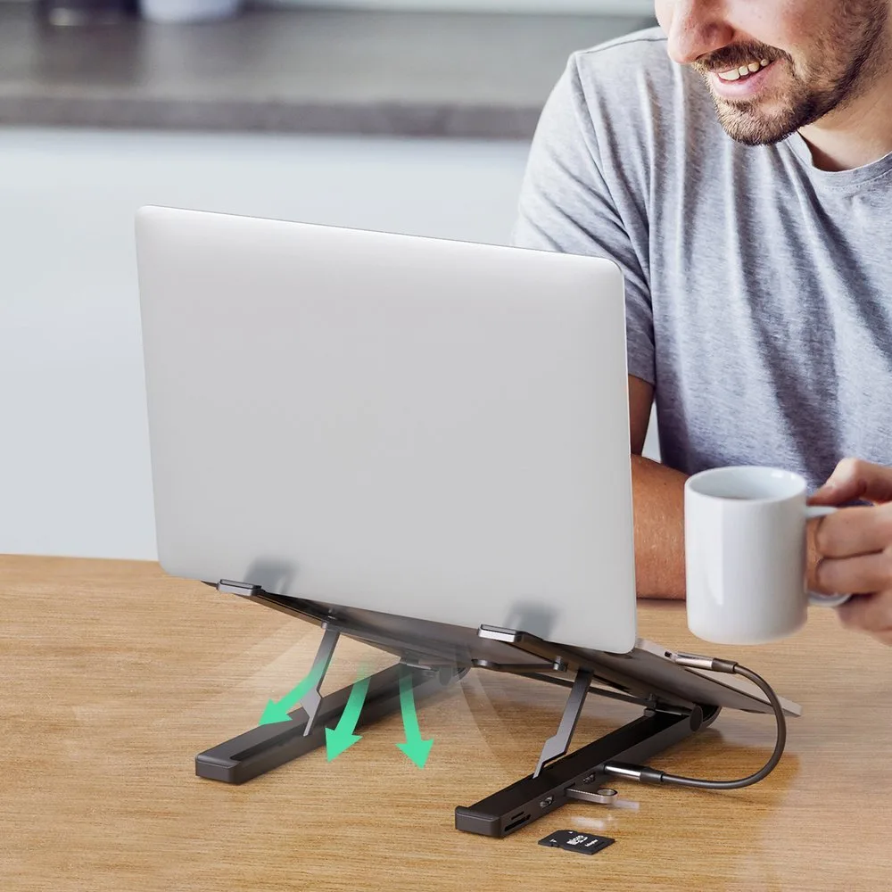 X-Kit sklopivi stalak za laptop + USB-C hub, USB, HDMI, čitač SD kartica, microSD, crna 7