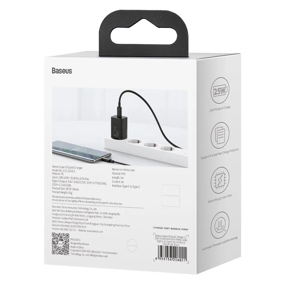 Super Si QC PD 25 W 3 A gyors fali töltő + 1 m-es fekete USB-C kábel 6