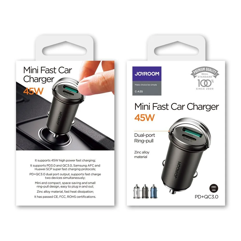 Szybka ładowarka samochodowa USB-C USB 45W 5A PD QC 3.0 AFC SCP szary 5