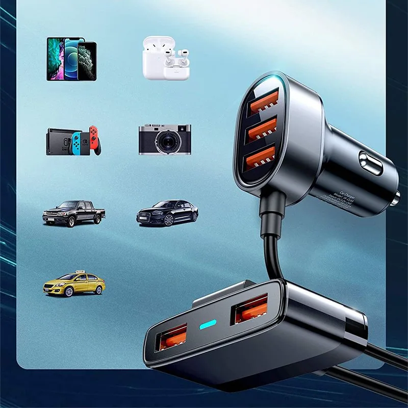 5x USB 6,2 A Schnellladegerät für das Auto mit Verlängerungskabel, schwarz 6