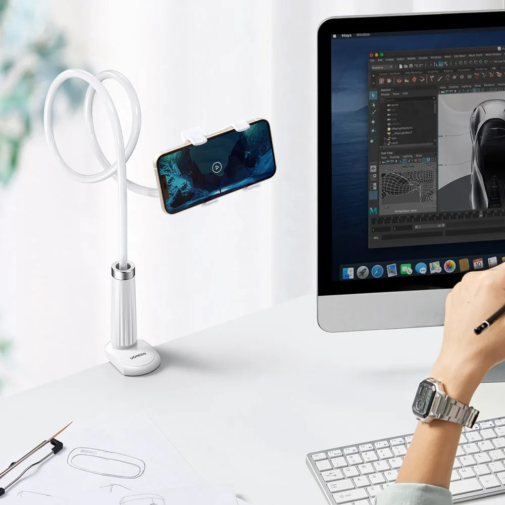 Universal phone and tablet stand with flexible arm, white 9