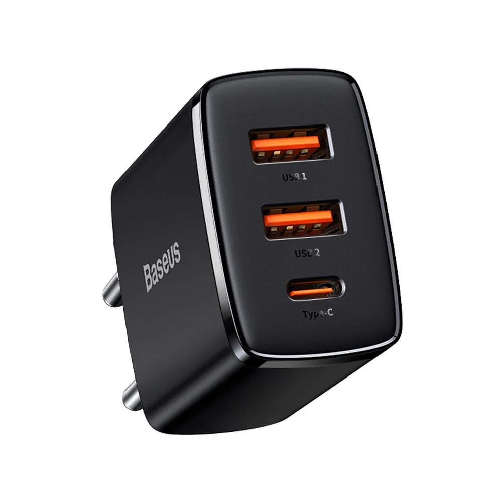 Kompakt gyors AC töltő 2x USB USB-C 30 W 3 A PD QC fekete