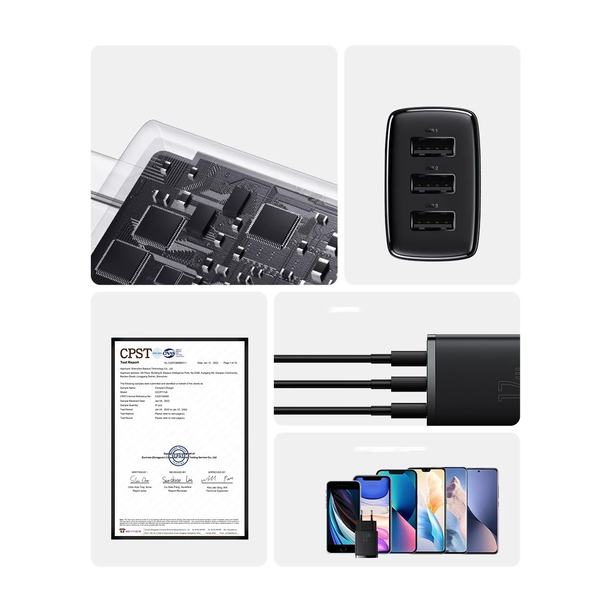 Kompaktni zidni punjač 3x USB 17W, crni 11