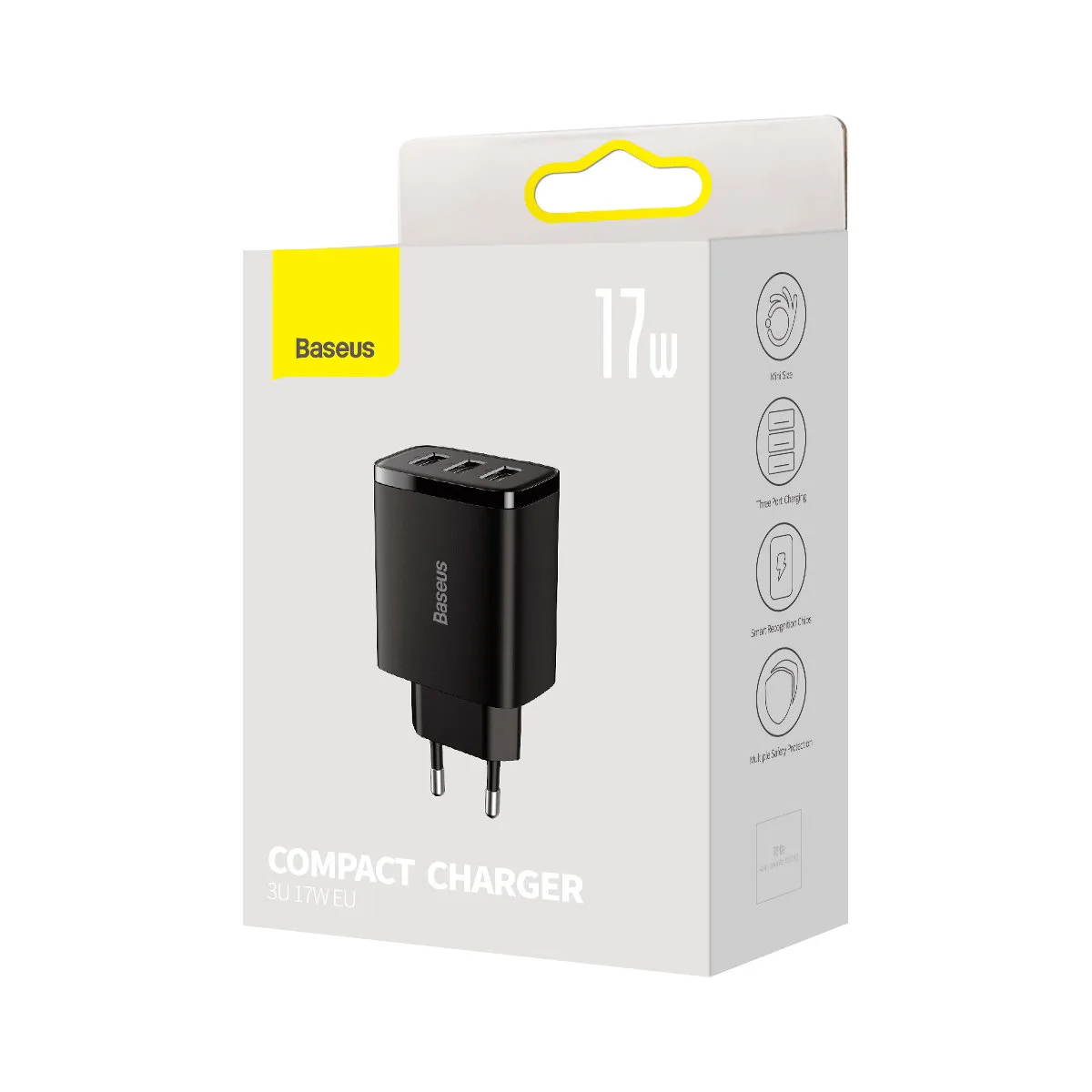 Kompaktni zidni punjač 3x USB 17W, crni 5