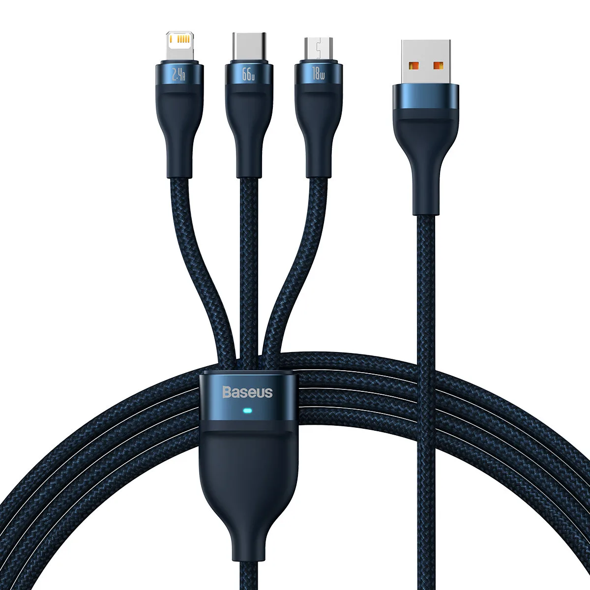 3 az 1-ben gyors töltőkábel USB-A – USB-C, microUSB, Lightning 66 W 480 Mb/s 1,2 m kék